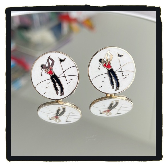 💕Beautiful Vintage Swank Cloisonné Golf Cufflinks & Tie clip Set💕 - Picture 3 of 6